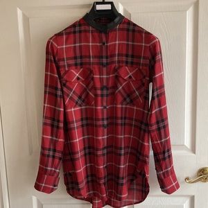 Vince cotton blend long sleeved red plaid blouse with leather trim. Size 4